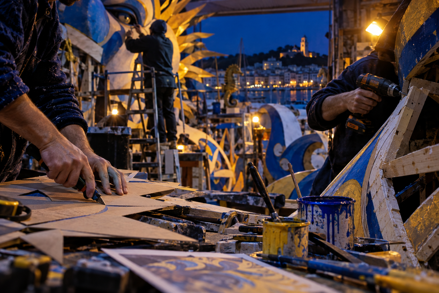 Mans construint una carrossa artesanal en un taller nocturn