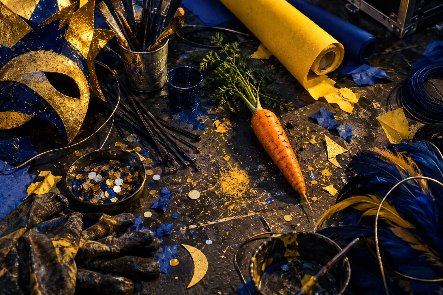 Materials de carnaval, pintura, confeti i una pastanaga sobre la taula del taller